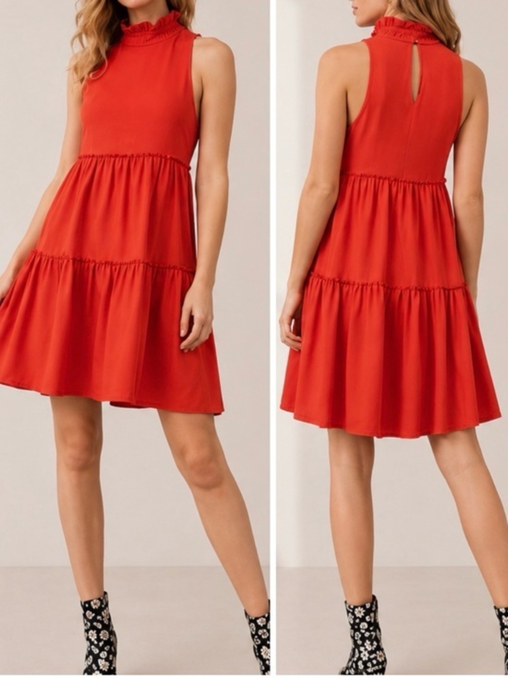 Elliatt Red Ruffle High Neck Sleeveless Tiered Holiday Wedding Swing Mini Dress